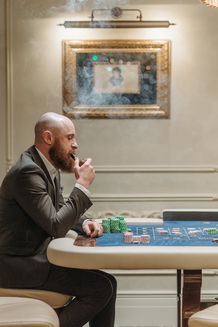 A man in a suit smokes while playing at a casino table, surrounded by gaming chips.